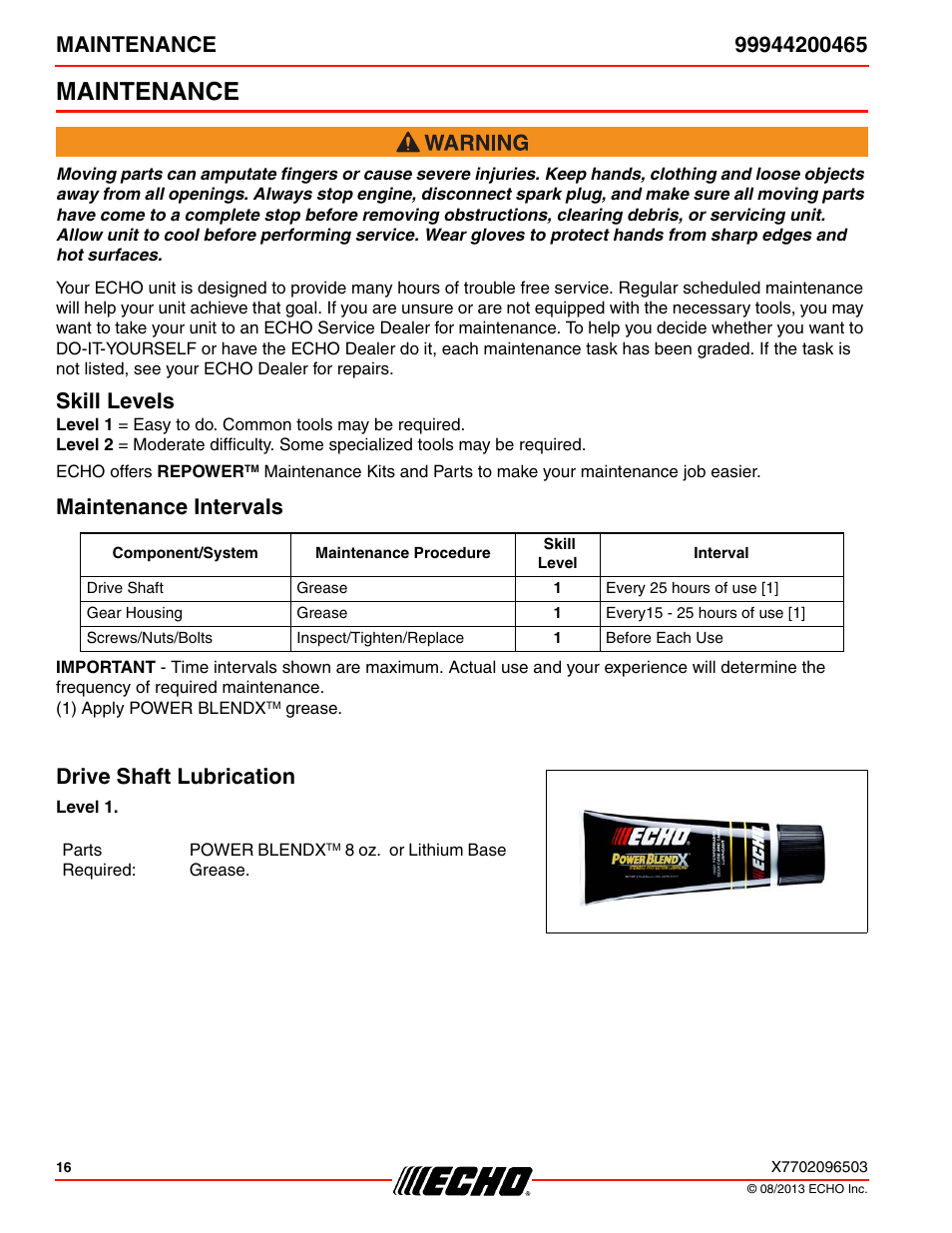 Maintenance, Skill levels, Maintenance intervals | Drive shaft lubrication | Echo 99944200465 User Manual | Page 16 / 24