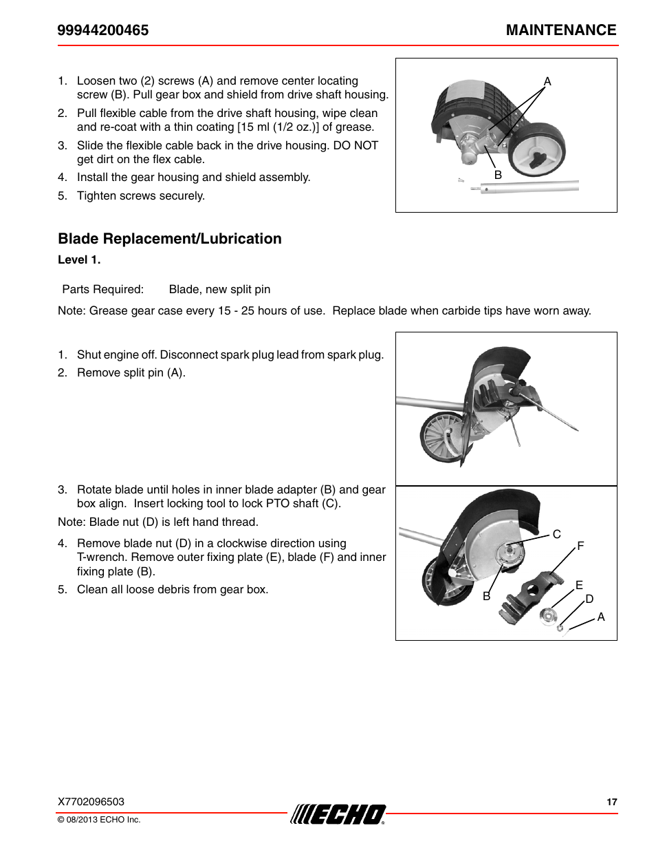 Blade replacement/lubrication | Echo 99944200465 User Manual | Page 17 / 24