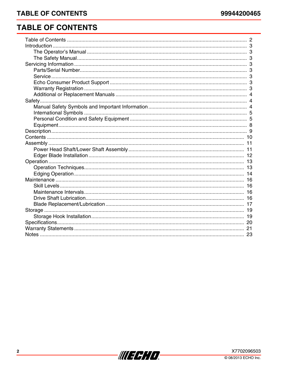 Echo 99944200465 User Manual | Page 2 / 24