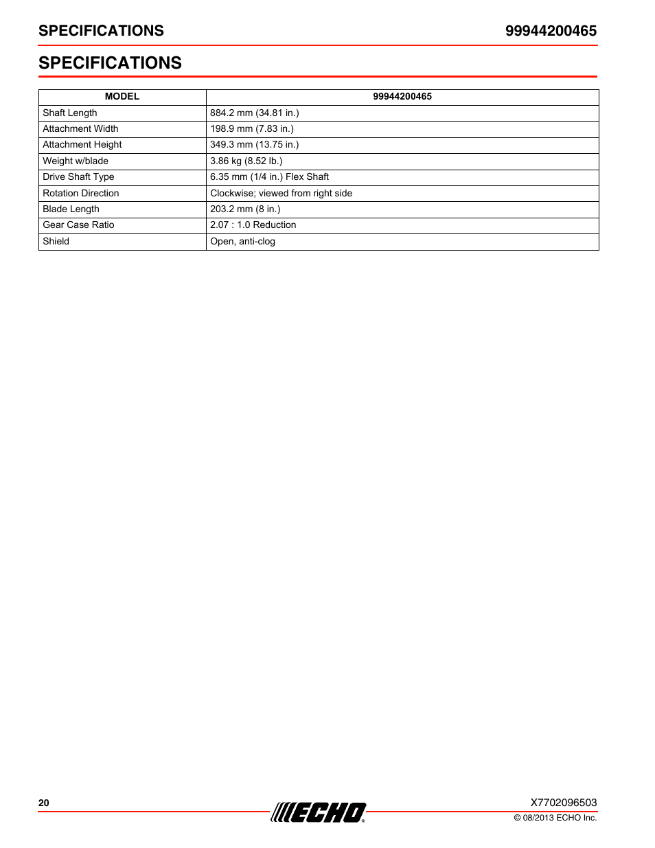 Specifications | Echo 99944200465 User Manual | Page 20 / 24