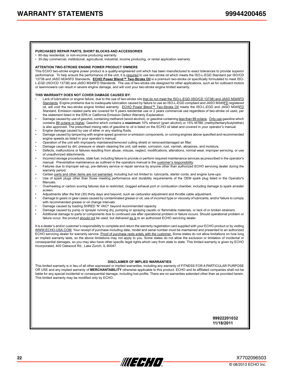 Echo 99944200465 User Manual | Page 22 / 24