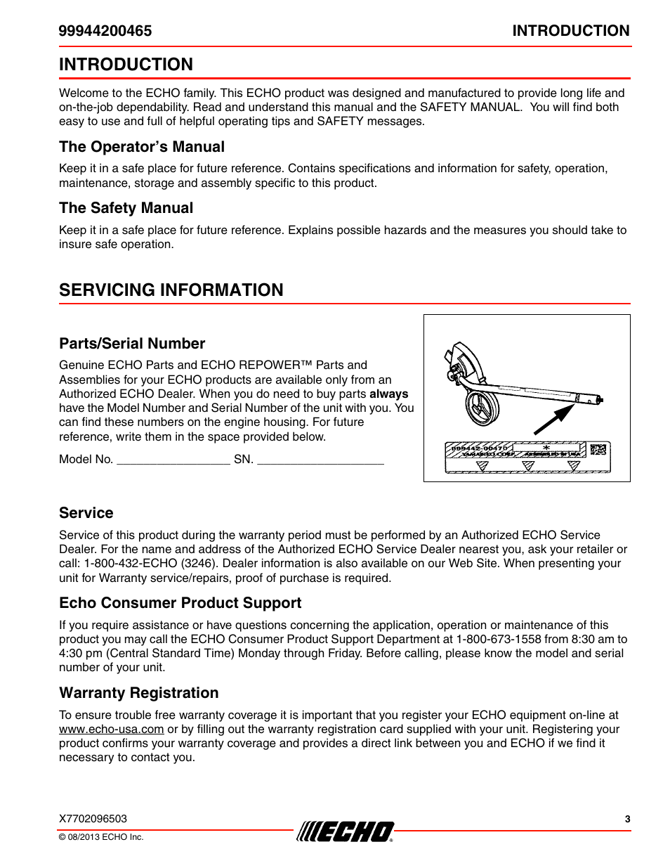 Introduction, The operator’s manual, The safety manual | Servicing information, Parts/serial number, Service, Echo consumer product support, Warranty registration, The operator’s manual the safety manual | Echo 99944200465 User Manual | Page 3 / 24