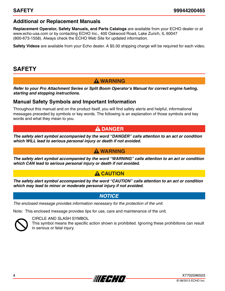 Additional or replacement manuals, Safety, Manual safety symbols and important information | Echo 99944200465 User Manual | Page 4 / 24