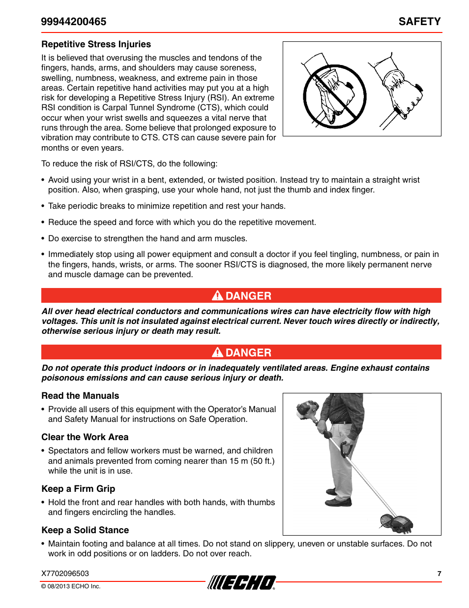 Repetitive stress injuries, Read the manuals, Clear the work area | Keep a firm grip, Keep a solid stance | Echo 99944200465 User Manual | Page 7 / 24