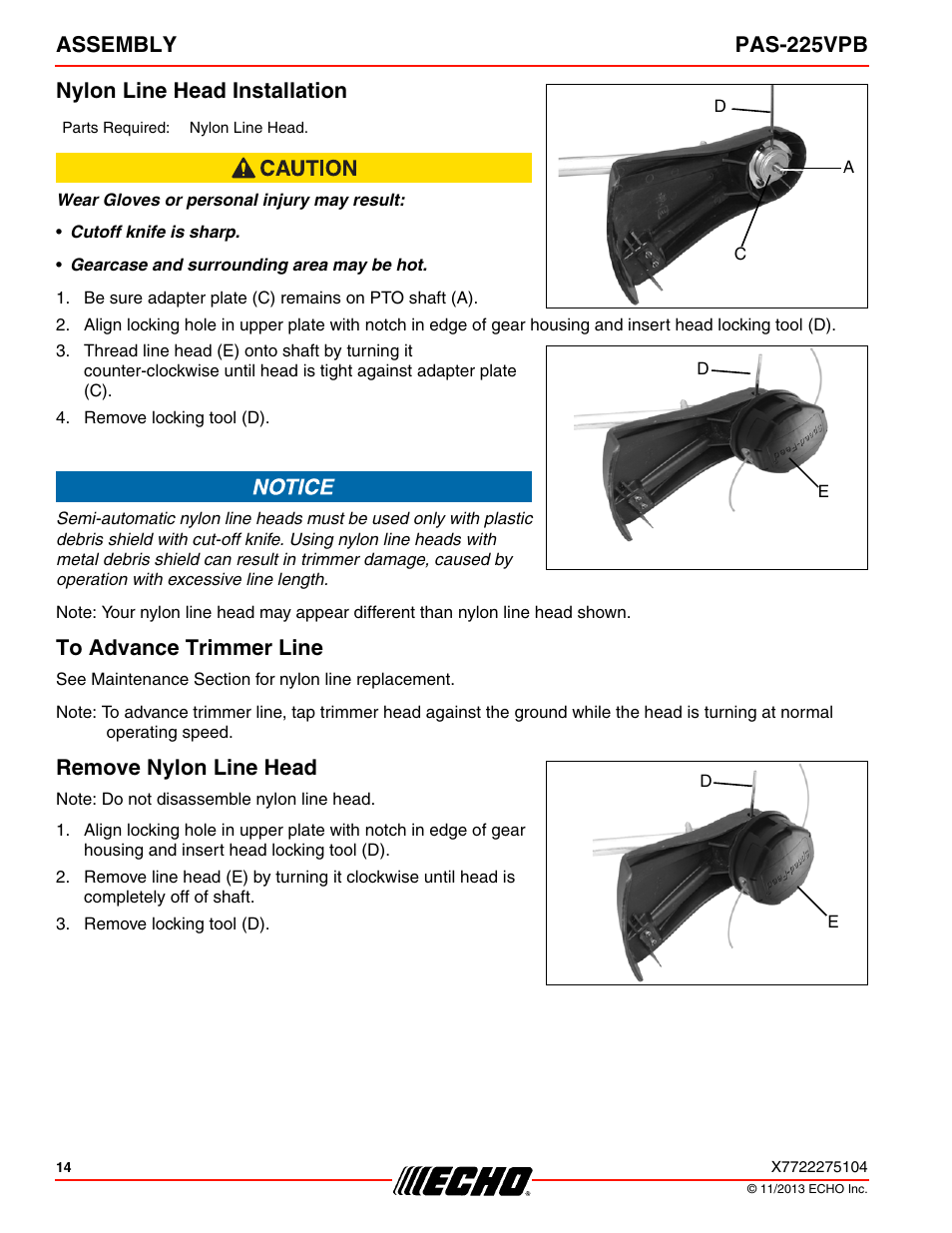 Nylon line head installation, To advance trimmer line, Remove nylon line head | Assembly pas-225vpb nylon line head installation | Echo PAS-225VPB User Manual | Page 14 / 40
