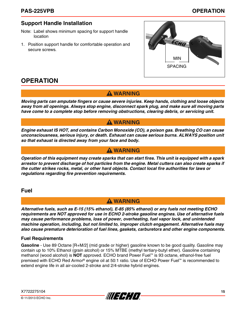 Support handle installation, Operation, Fuel | Fuel requirements, Pas-225vpb operation | Echo PAS-225VPB User Manual | Page 15 / 40