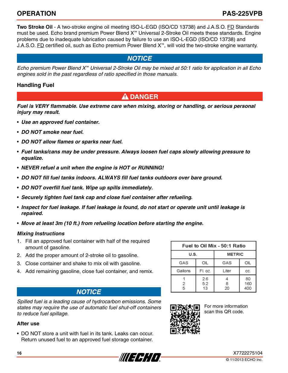 Handling fuel, Operation pas-225vpb | Echo PAS-225VPB User Manual | Page 16 / 40