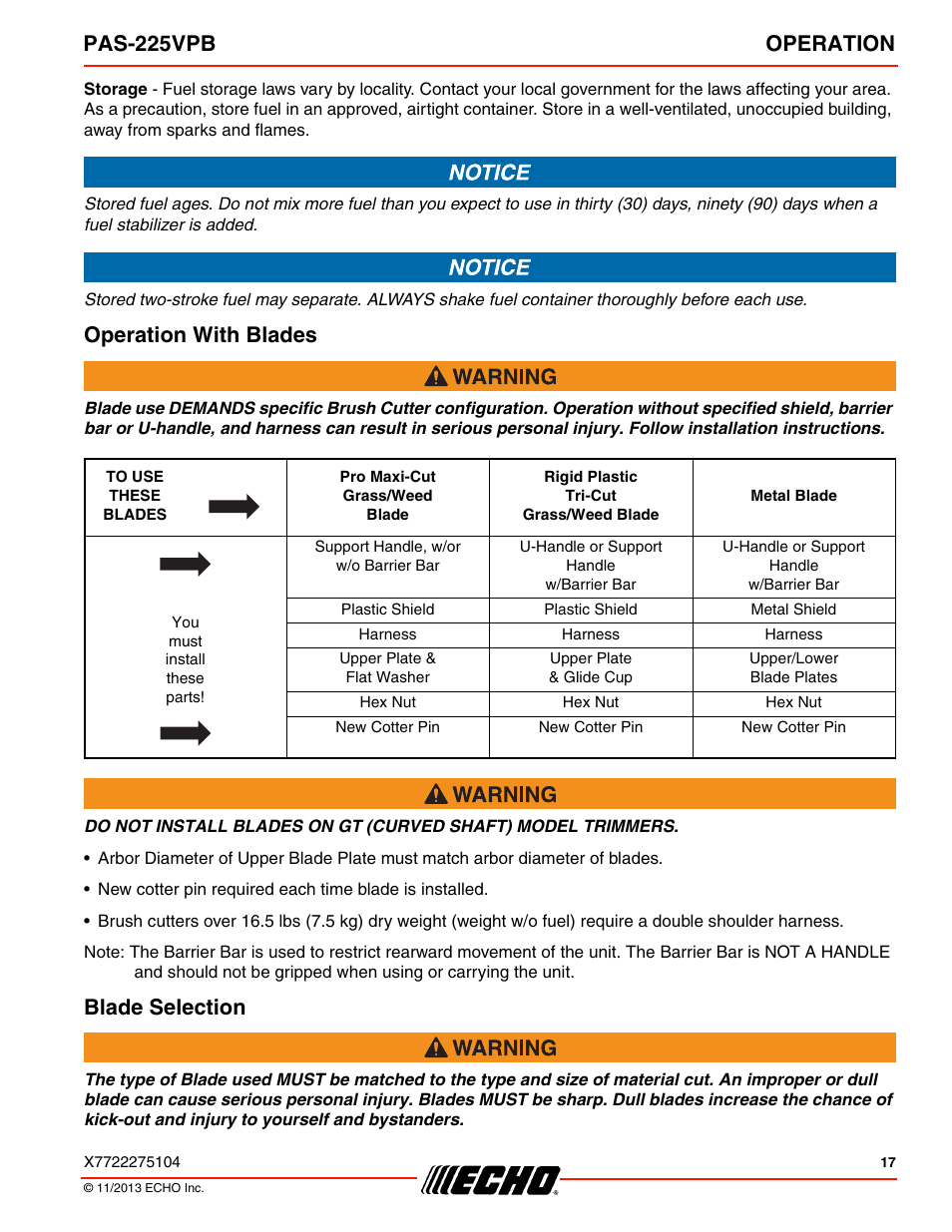 Operation with blades, Blade selection, Operation with blades blade selection | Pas-225vpb operation | Echo PAS-225VPB User Manual | Page 17 / 40