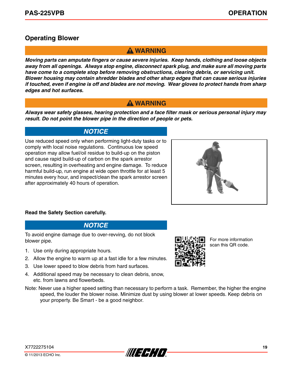 Operating blower, Pas-225vpb operation | Echo PAS-225VPB User Manual | Page 19 / 40
