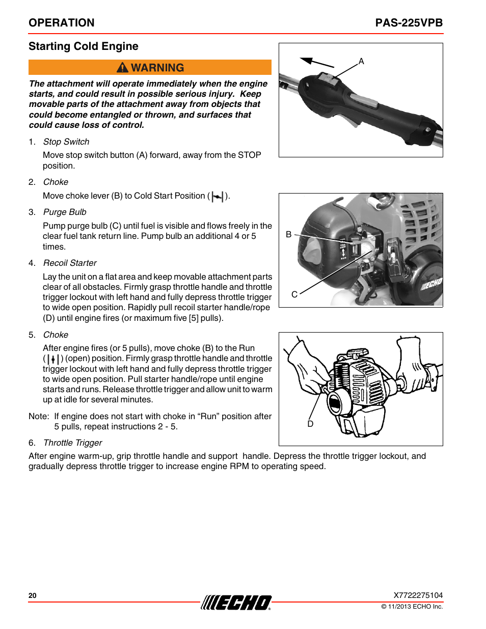 Starting cold engine, Operation pas-225vpb starting cold engine | Echo PAS-225VPB User Manual | Page 20 / 40