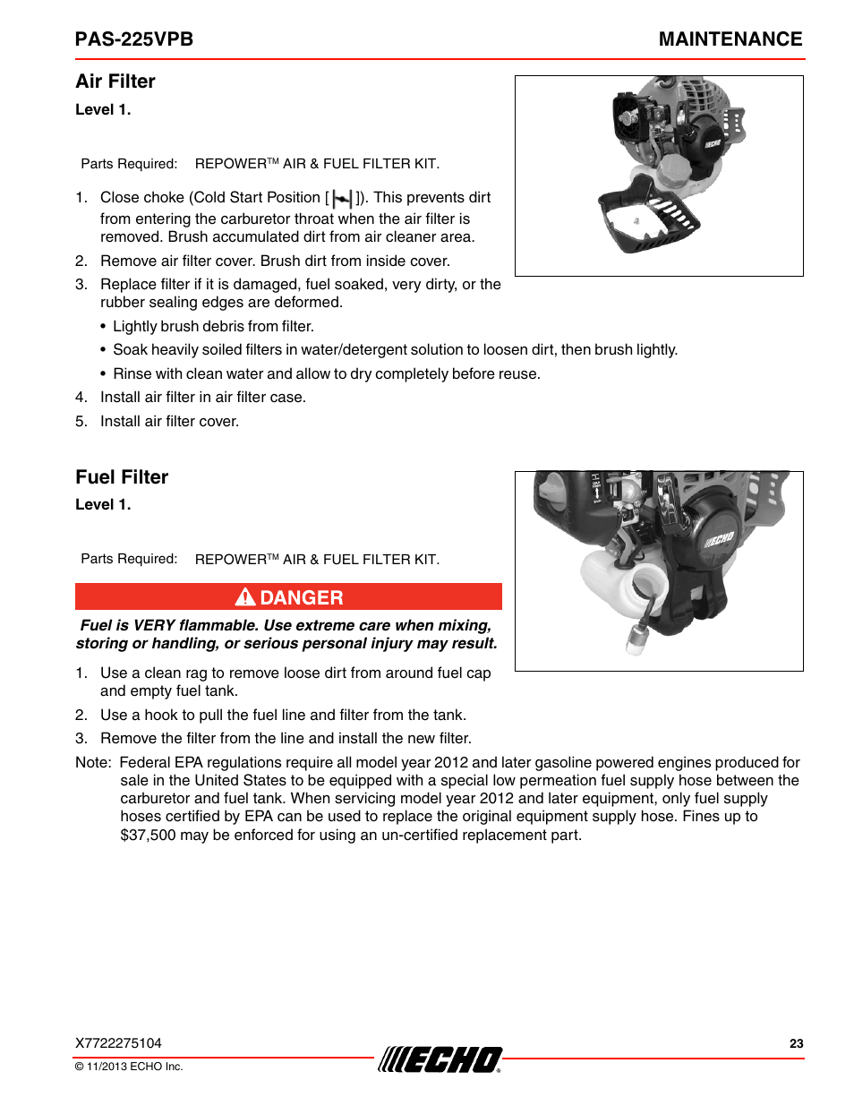 Air filter, Fuel filter, Air filter fuel filter | Pas-225vpb maintenance | Echo PAS-225VPB User Manual | Page 23 / 40