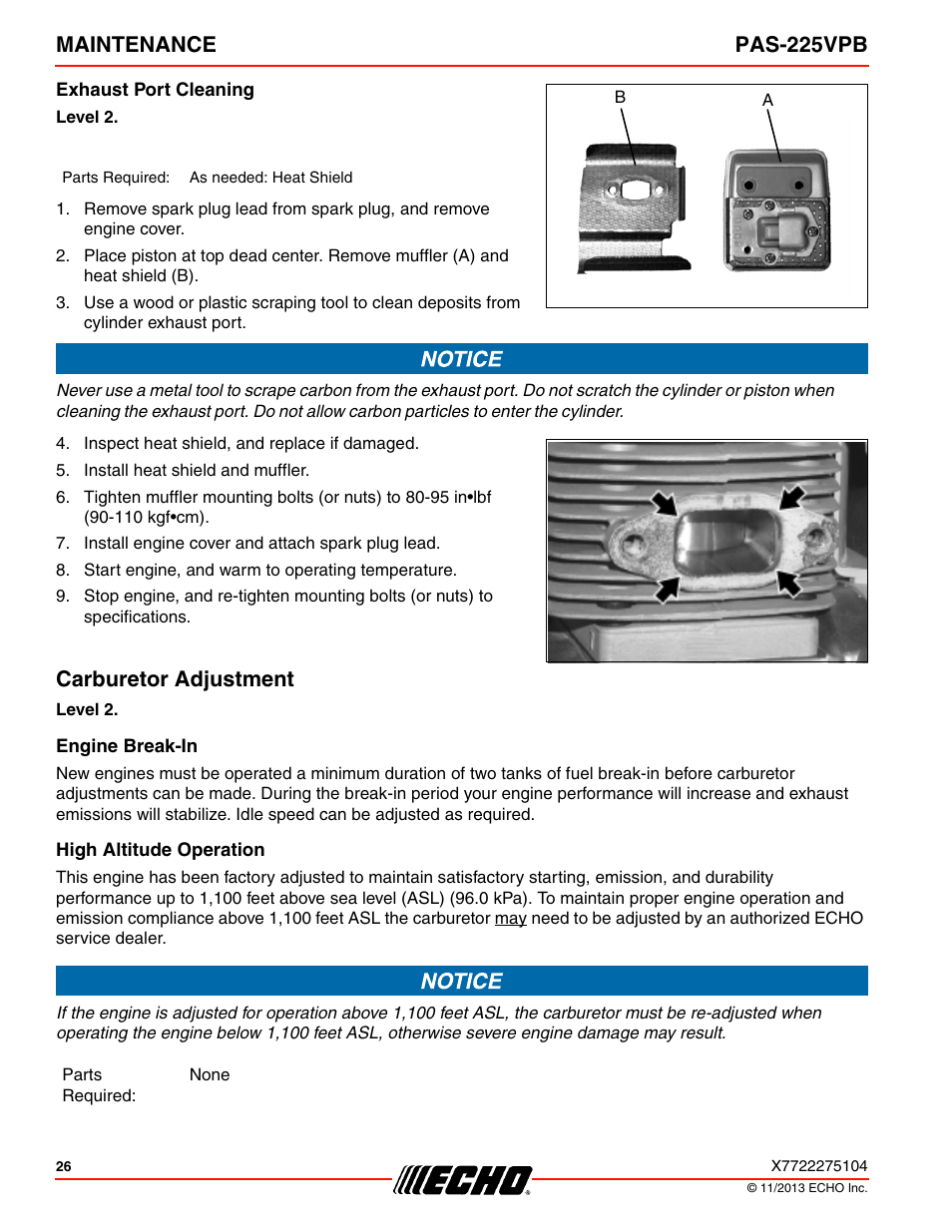 Exhaust port cleaning, Carburetor adjustment, Engine break-in | High altitude operation, Maintenance pas-225vpb | Echo PAS-225VPB User Manual | Page 26 / 40