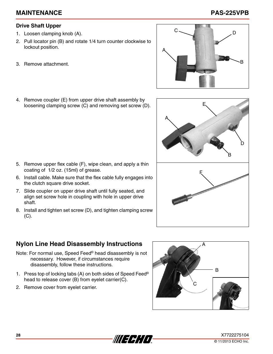 Drive shaft upper, Nylon line head disassembly instructions, Maintenance pas-225vpb | Echo PAS-225VPB User Manual | Page 28 / 40