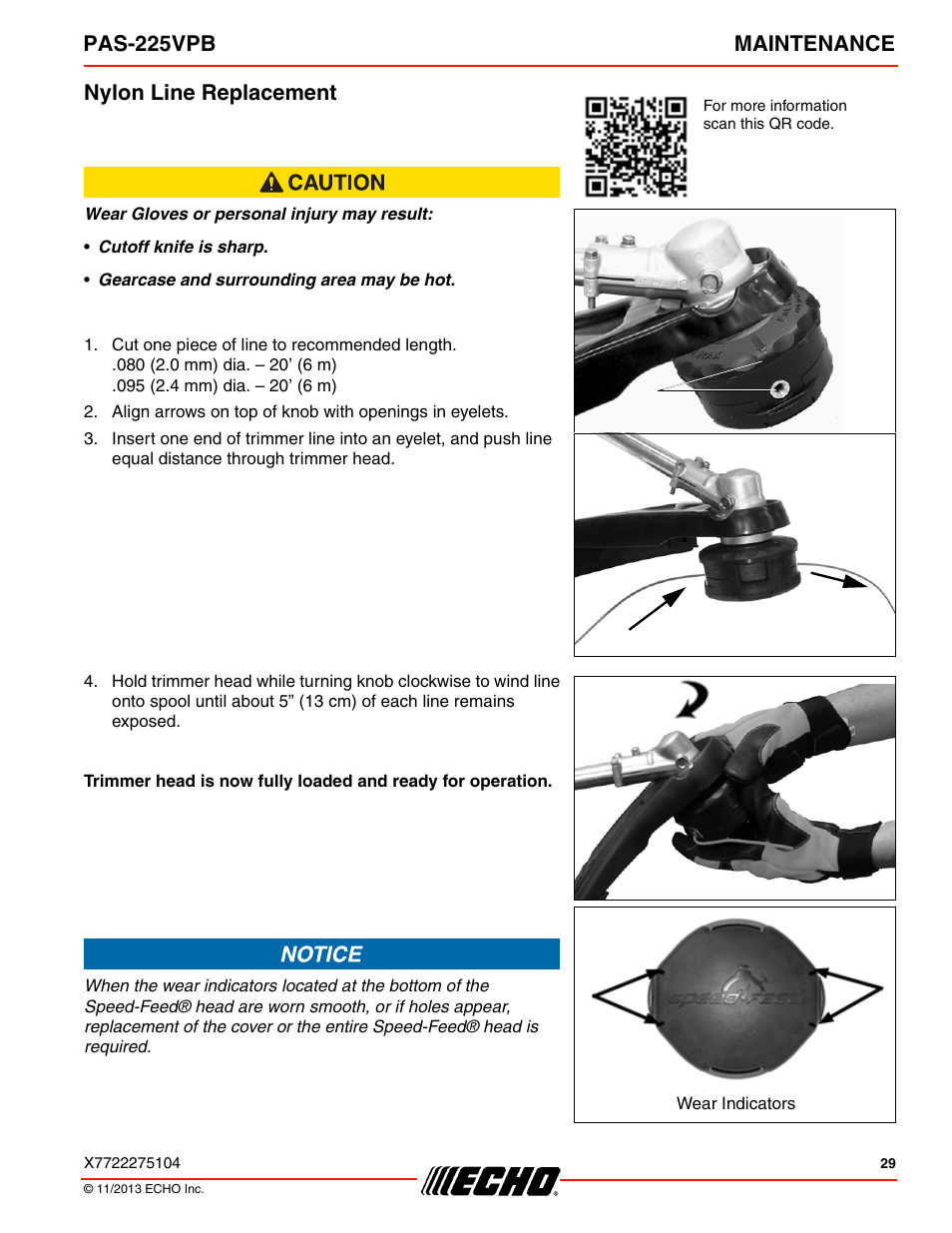 Nylon line replacement, Pas-225vpb maintenance | Echo PAS-225VPB User Manual | Page 29 / 40