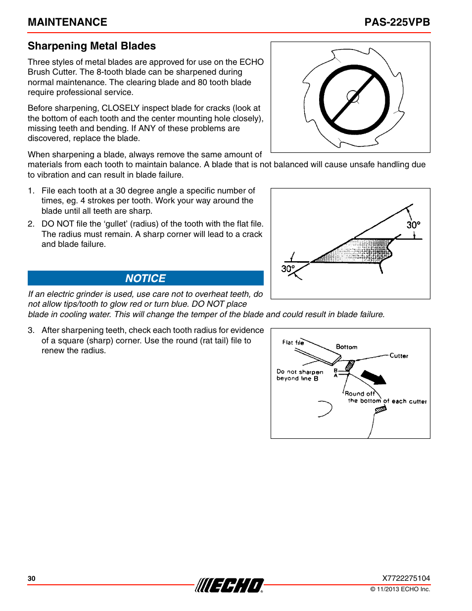 Sharpening metal blades, Maintenance pas-225vpb sharpening metal blades | Echo PAS-225VPB User Manual | Page 30 / 40