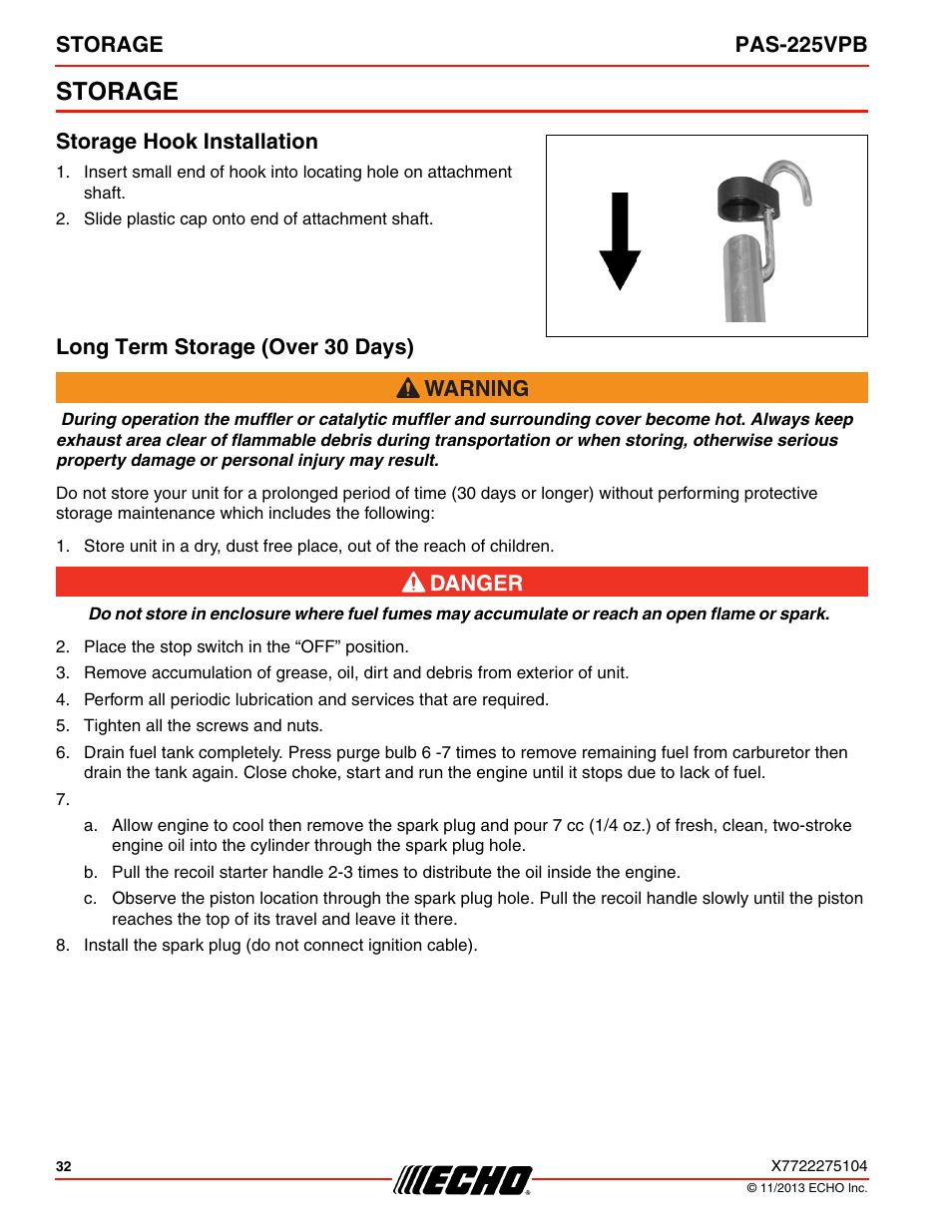 Storage, Storage hook installation, Long term storage (over 30 days) | Storage pas-225vpb | Echo PAS-225VPB User Manual | Page 32 / 40
