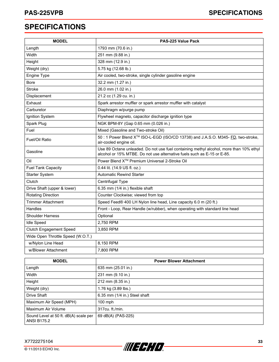 Specifications, Pas-225vpb specifications | Echo PAS-225VPB User Manual | Page 33 / 40
