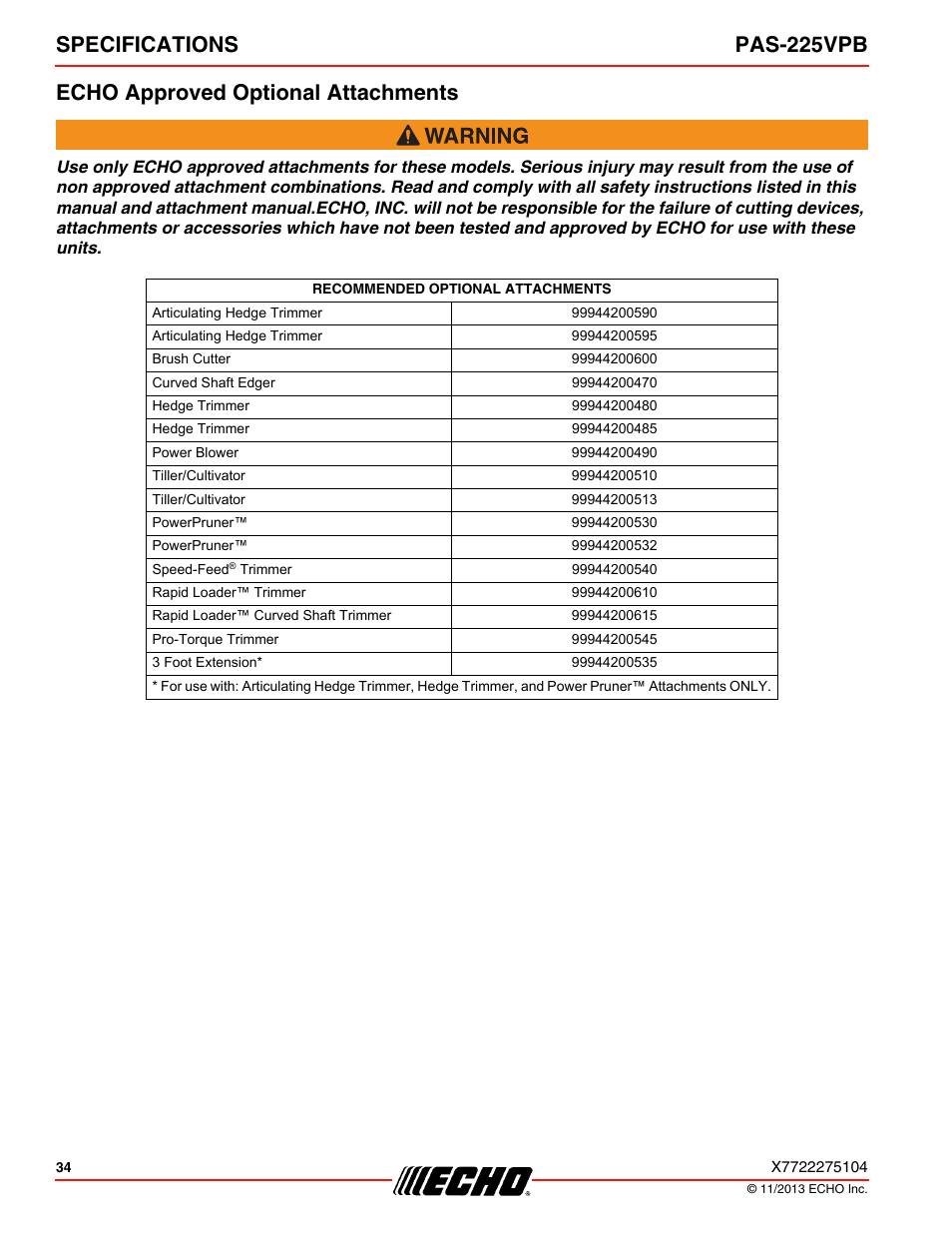 Echo approved optional attachments | Echo PAS-225VPB User Manual | Page 34 / 40