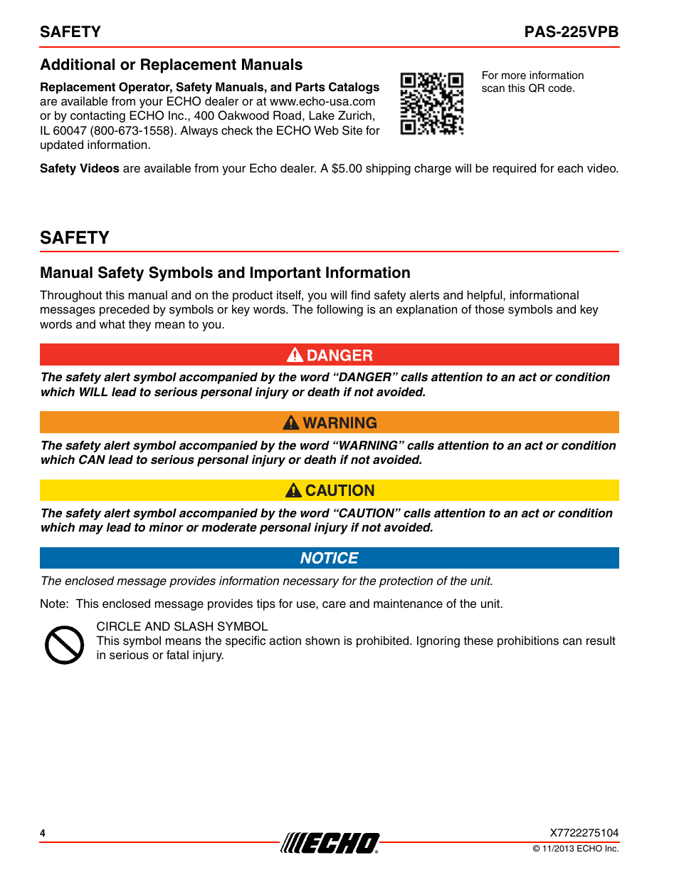 Additional or replacement manuals, Safety, Manual safety symbols and important information | Echo PAS-225VPB User Manual | Page 4 / 40