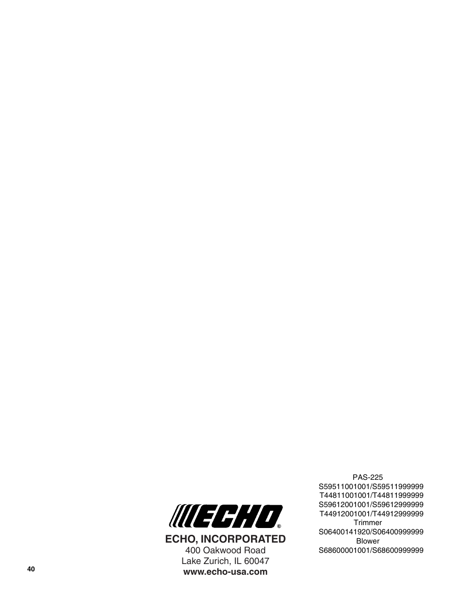 Echo, incorporated | Echo PAS-225VPB User Manual | Page 40 / 40