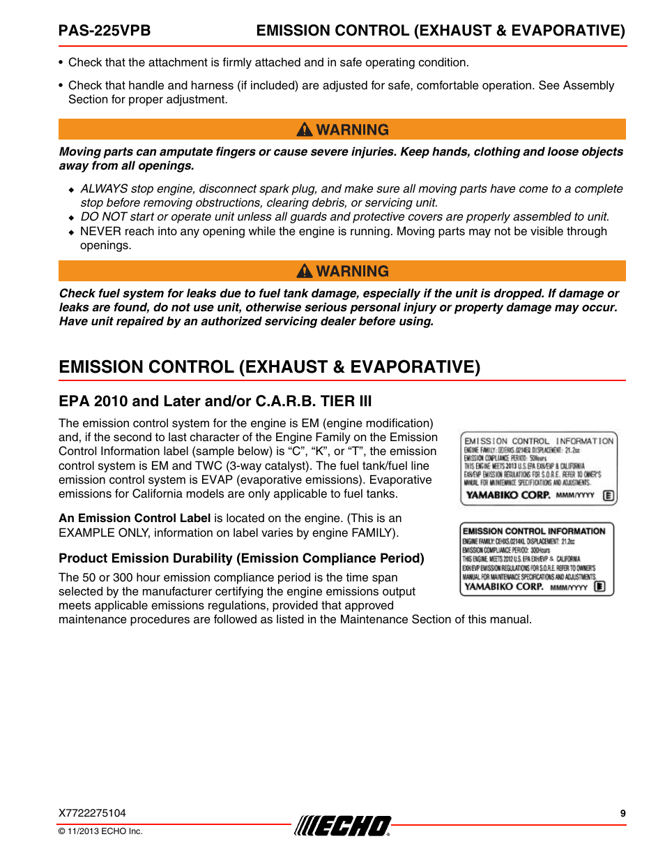 Emission control (exhaust & evaporative), Epa 2010 and later and/or c.a.r.b. tier iii | Echo PAS-225VPB User Manual | Page 9 / 40