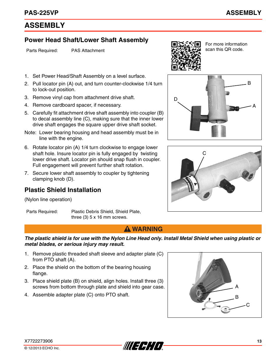 Assembly, Power head shaft/lower shaft assembly, Plastic shield installation | Pas-225vp assembly | Echo PAS-225VP User Manual | Page 13 / 40