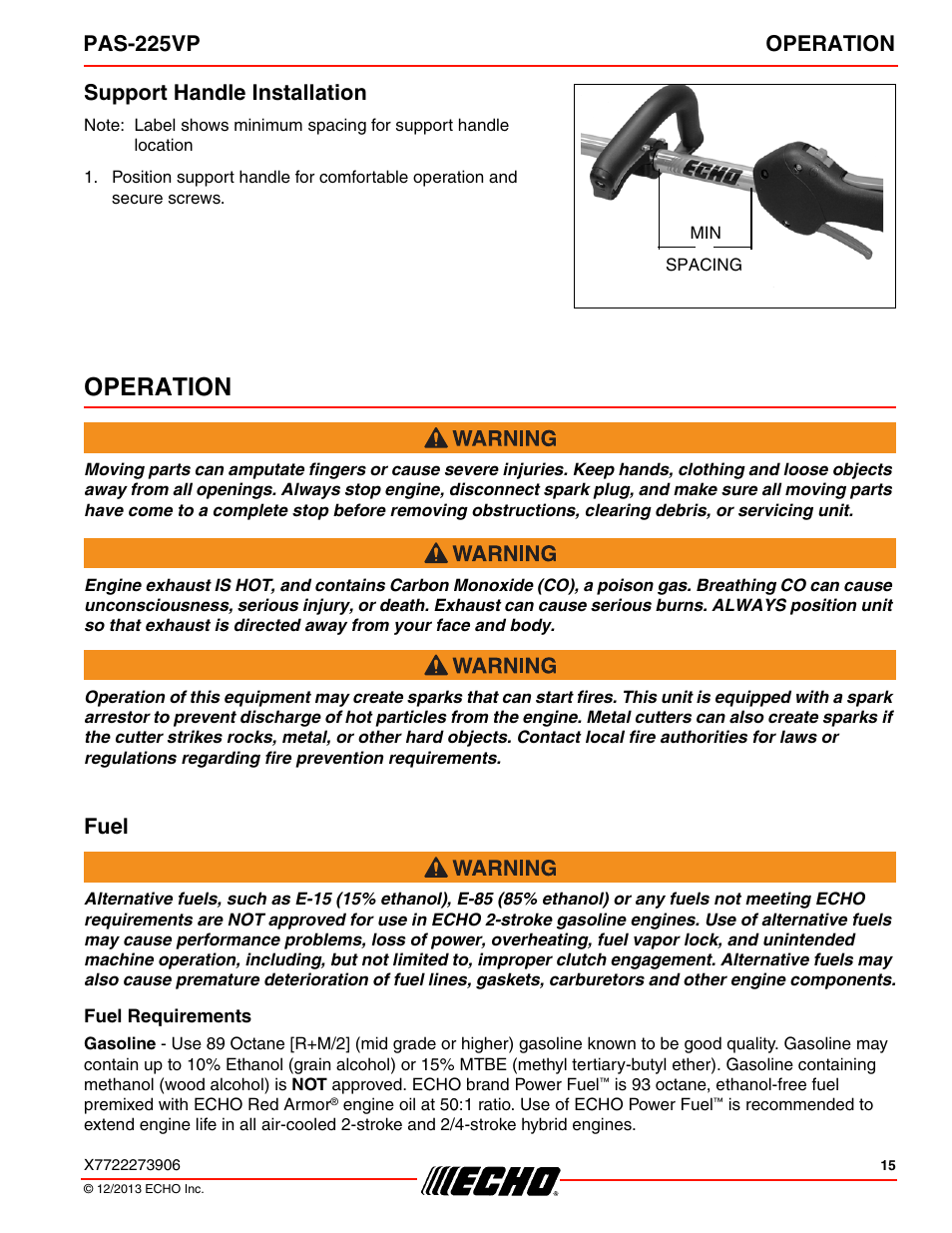 Support handle installation, Operation, Fuel | Fuel requirements, Pas-225vp operation | Echo PAS-225VP User Manual | Page 15 / 40