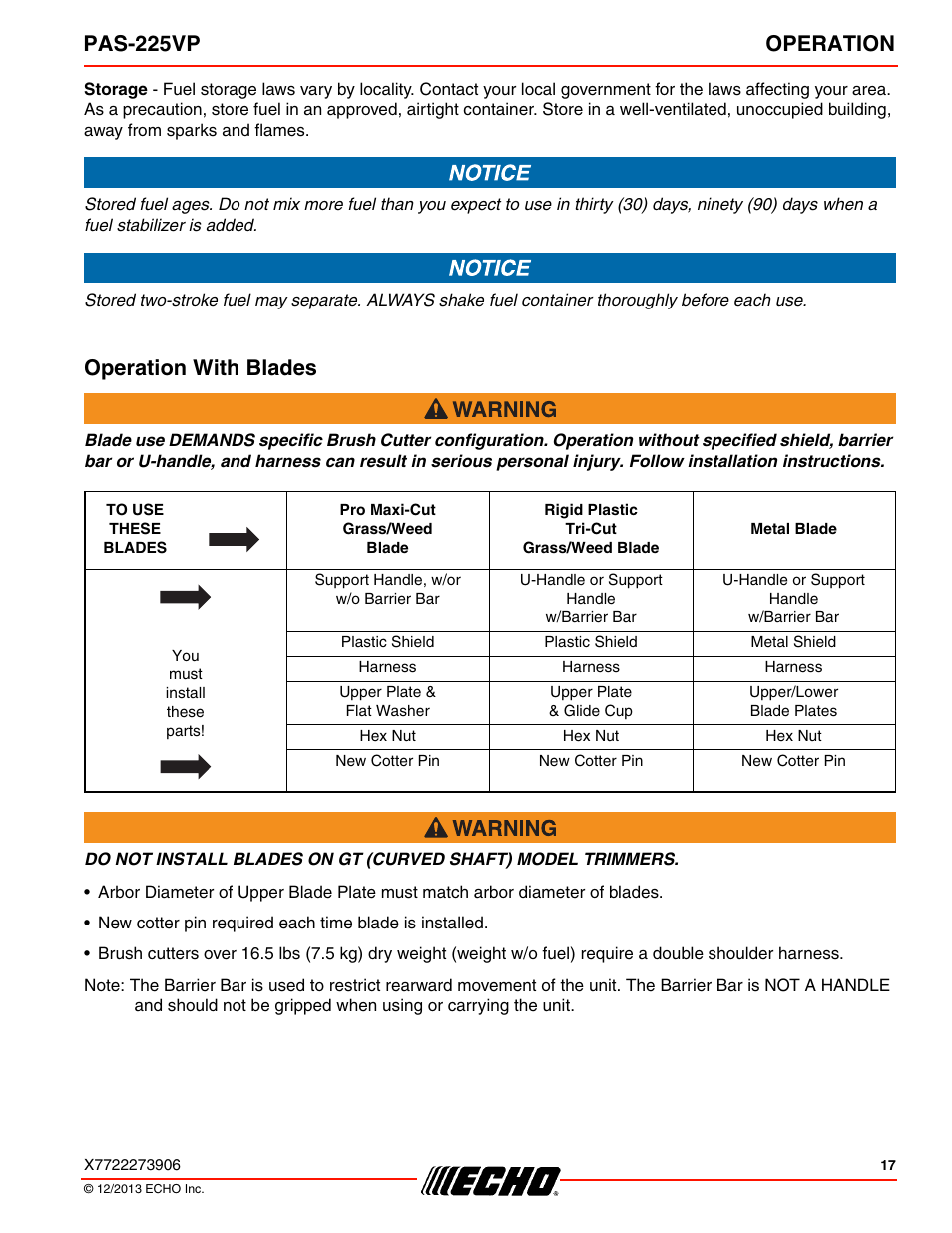 Operation with blades, Pas-225vp operation | Echo PAS-225VP User Manual | Page 17 / 40