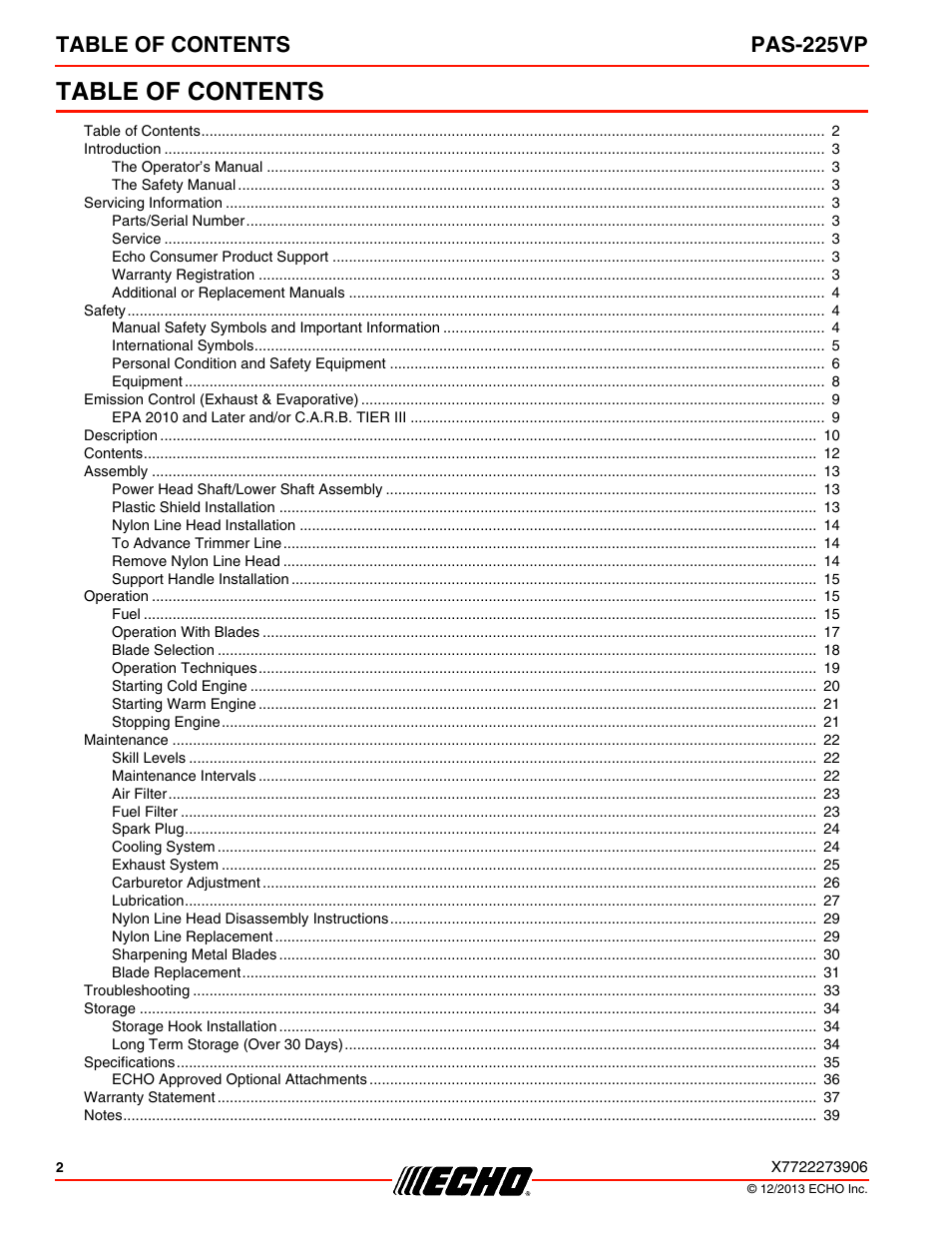 Echo PAS-225VP User Manual | Page 2 / 40