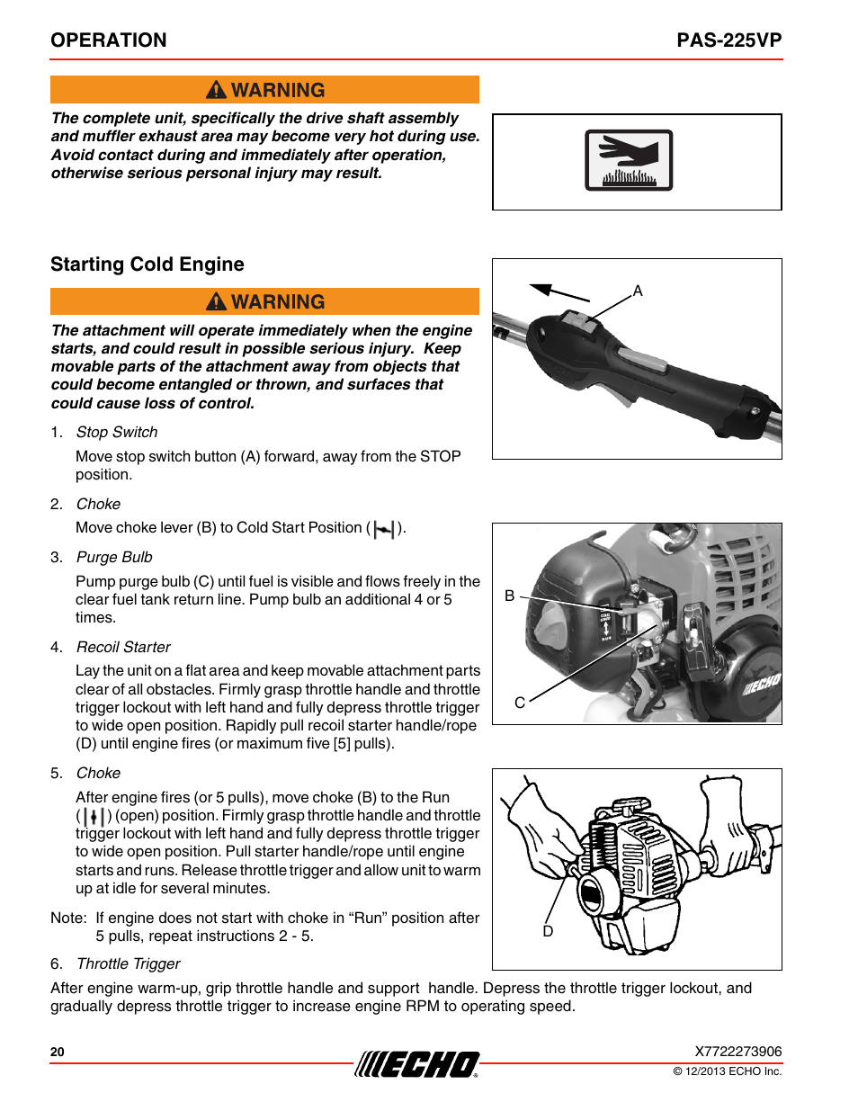 Starting cold engine, Operation pas-225vp | Echo PAS-225VP User Manual | Page 20 / 40