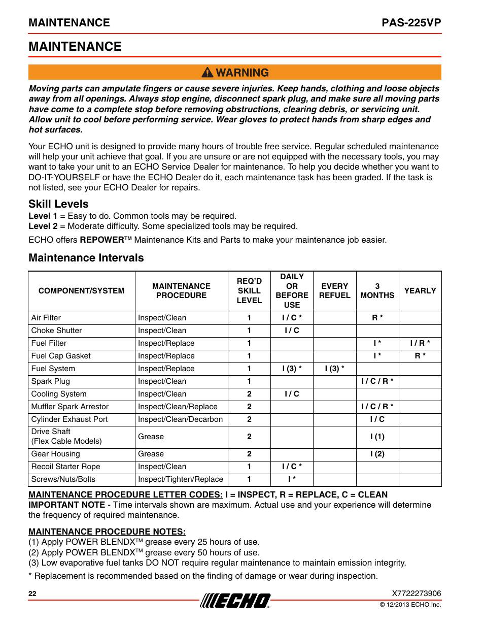 Maintenance, Skill levels, Maintenance intervals | Skill levels maintenance intervals, Maintenance pas-225vp | Echo PAS-225VP User Manual | Page 22 / 40