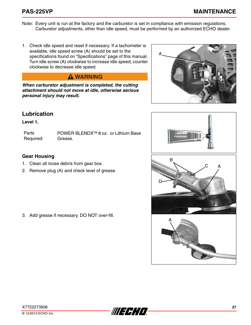 Lubrication, Gear housing, Pas-225vp maintenance | Echo PAS-225VP User Manual | Page 27 / 40