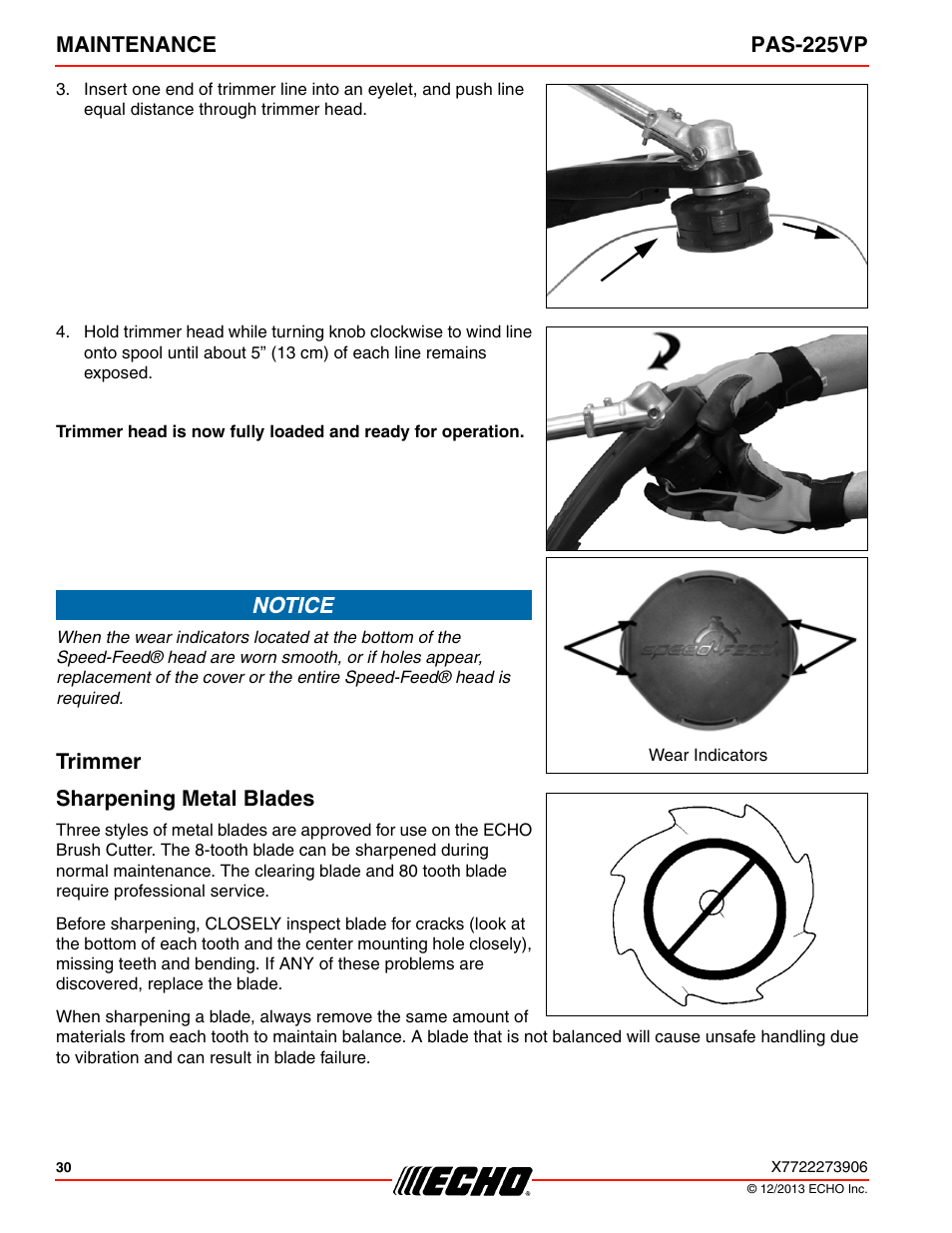 Sharpening metal blades, Maintenance pas-225vp, Trimmer sharpening metal blades | Echo PAS-225VP User Manual | Page 30 / 40