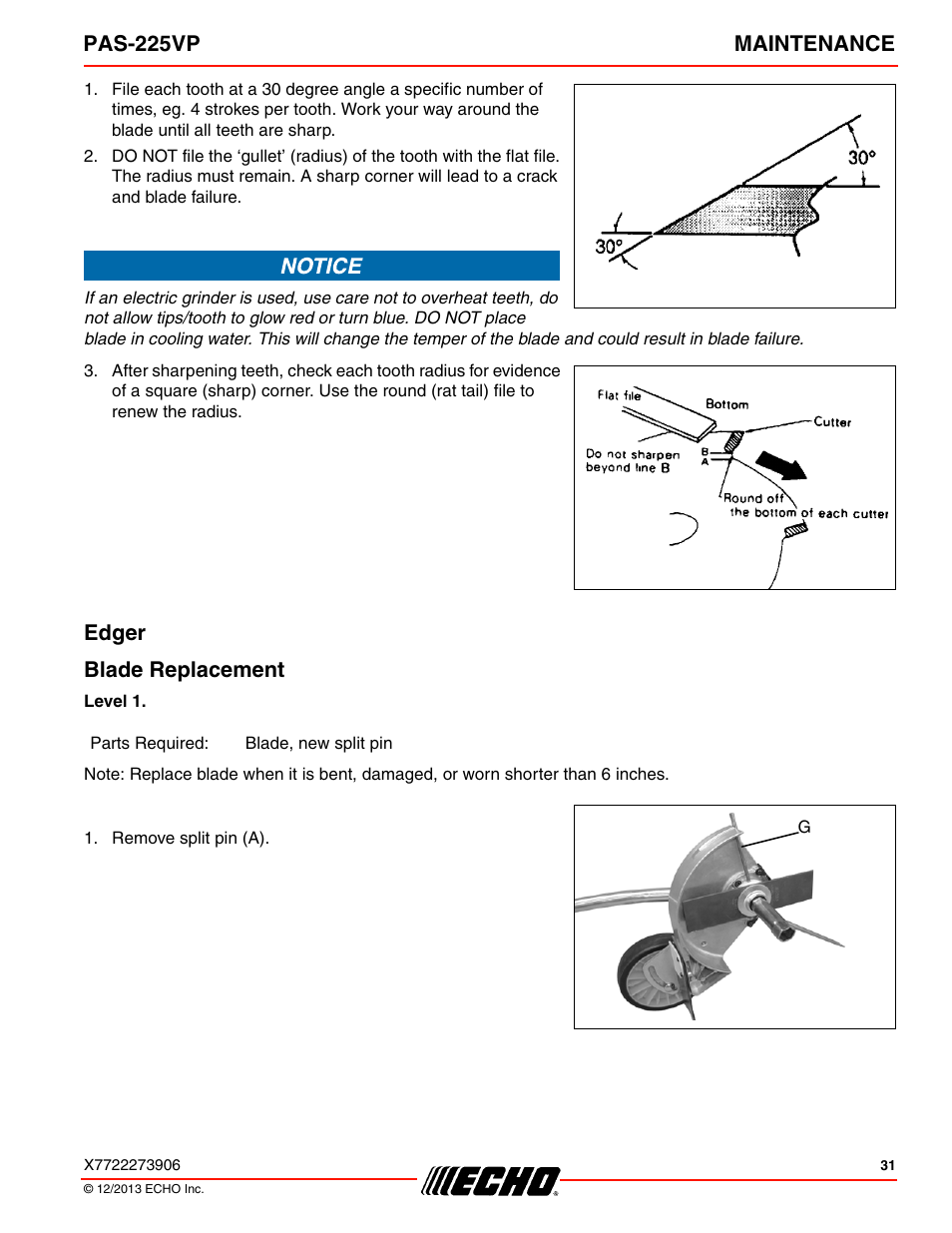 Blade replacement, Pas-225vp maintenance, Edger | Echo PAS-225VP User Manual | Page 31 / 40