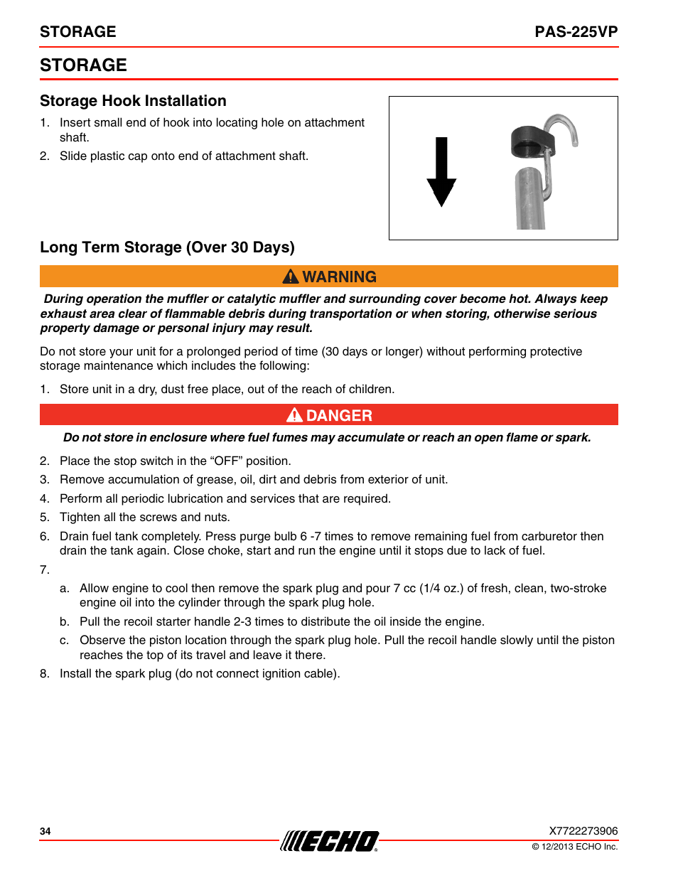 Storage, Storage hook installation, Long term storage (over 30 days) | Storage pas-225vp | Echo PAS-225VP User Manual | Page 34 / 40