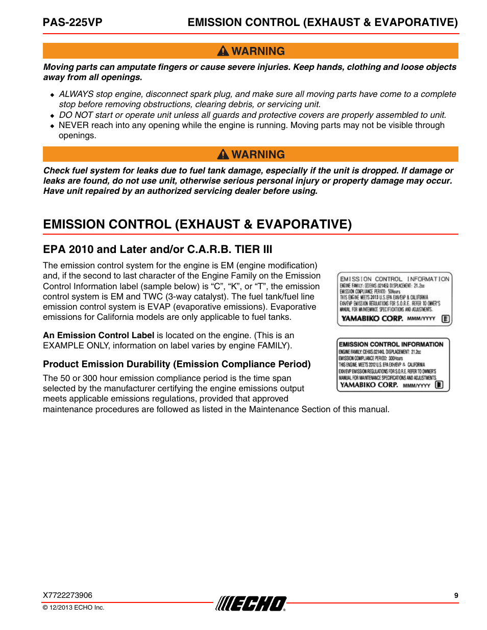 Emission control (exhaust & evaporative), Epa 2010 and later and/or c.a.r.b. tier iii, Pas-225vp emission control (exhaust & evaporative) | Echo PAS-225VP User Manual | Page 9 / 40