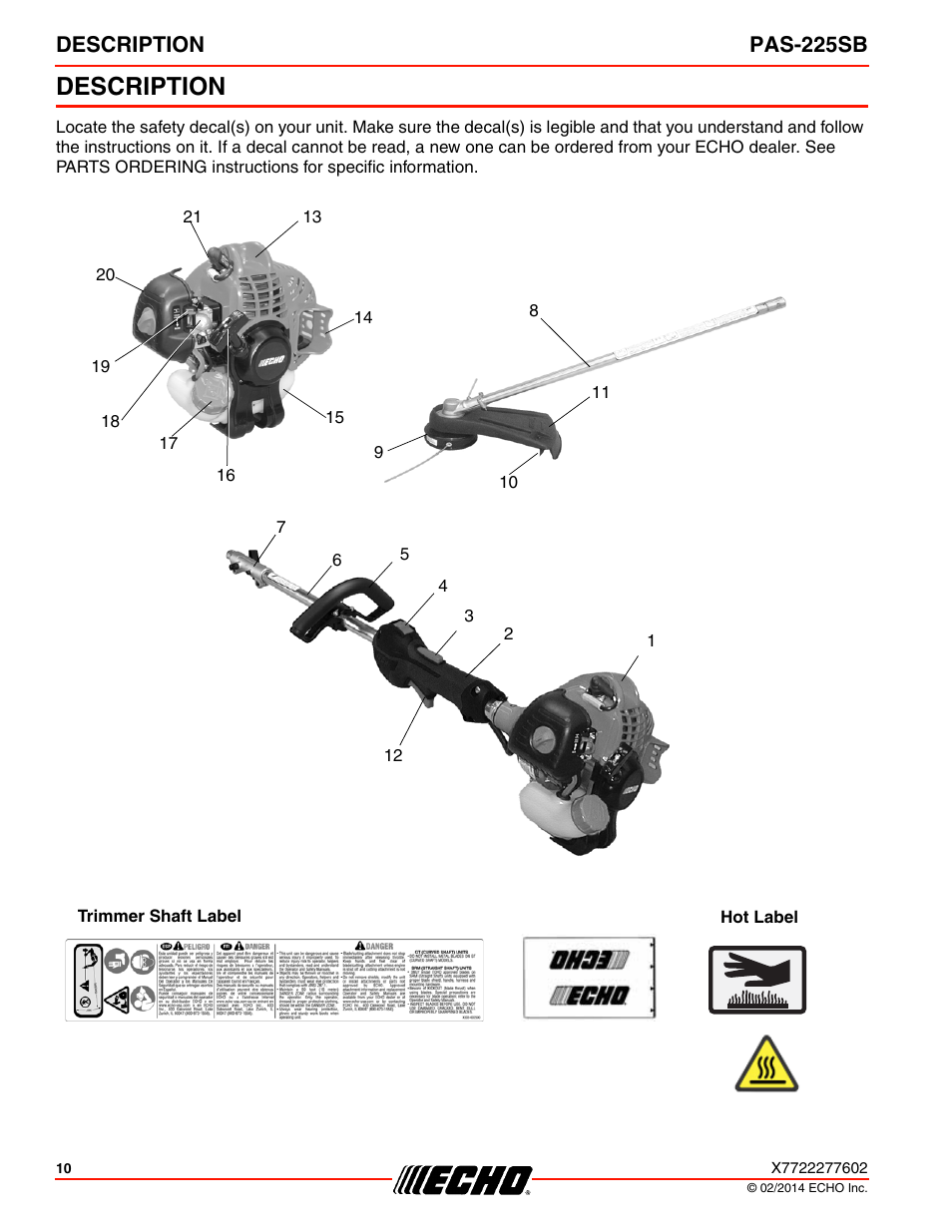 Description, Description pas-225sb | Echo PAS-225SB User Manual | Page 10 / 36