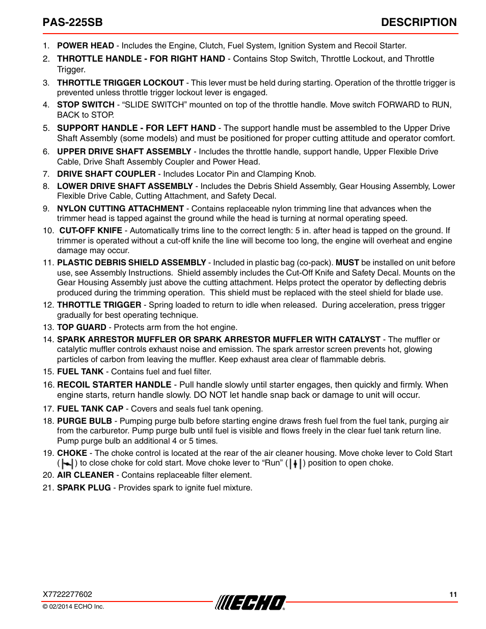 Pas-225sb description | Echo PAS-225SB User Manual | Page 11 / 36