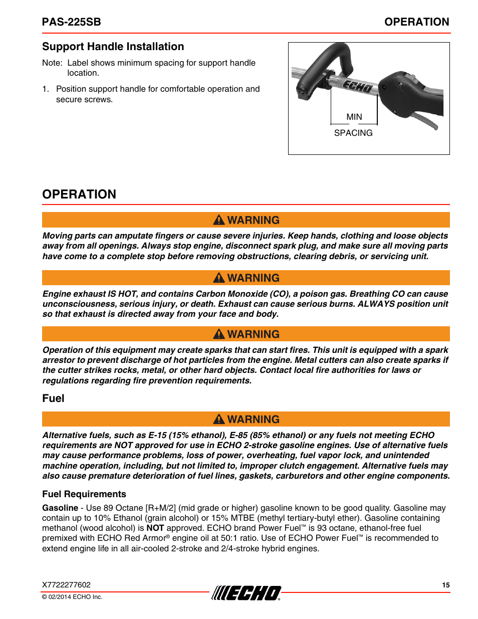 Support handle installation, Operation, Fuel | Fuel requirements, Pas-225sb operation | Echo PAS-225SB User Manual | Page 15 / 36