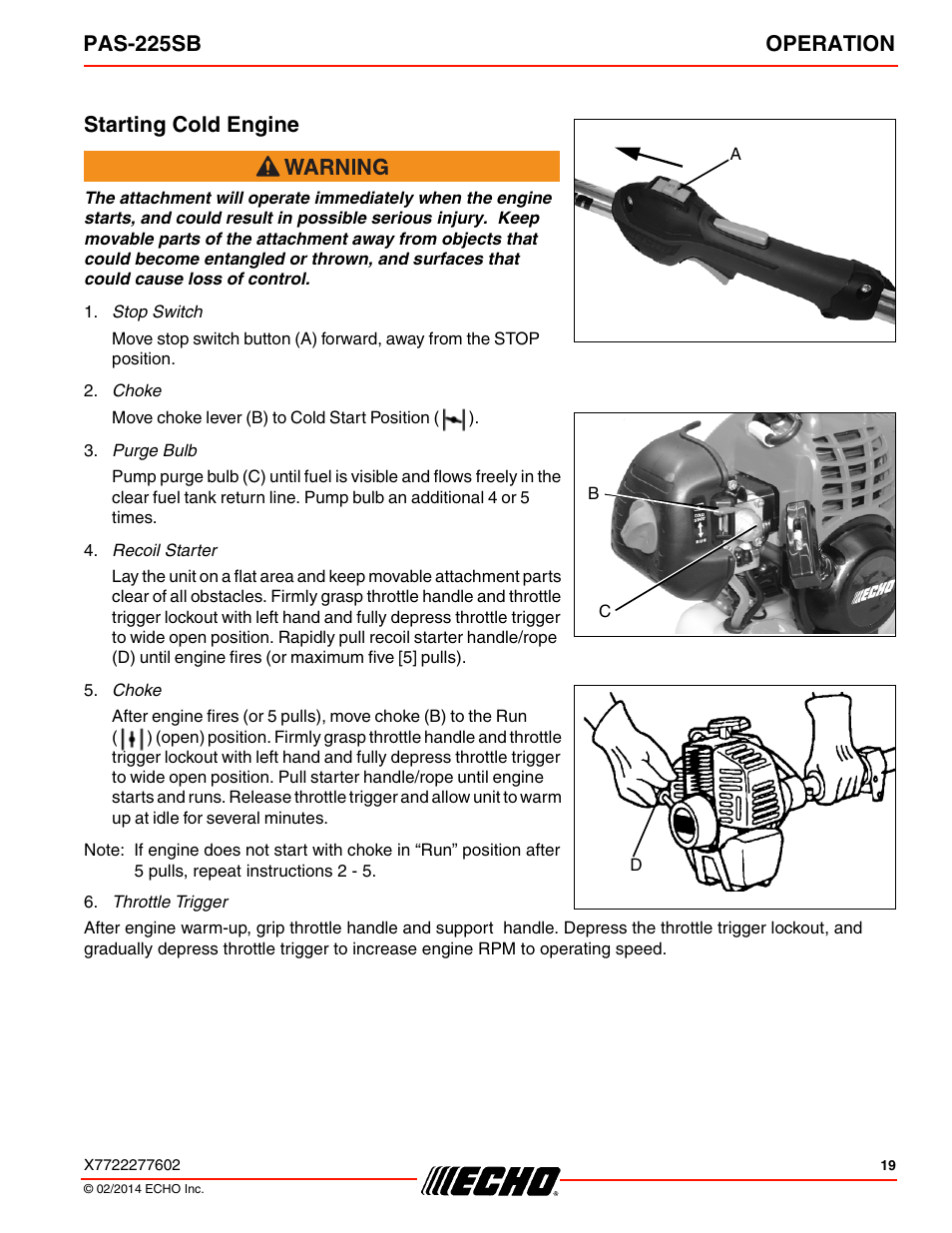 Starting cold engine, Pas-225sb operation | Echo PAS-225SB User Manual | Page 19 / 36