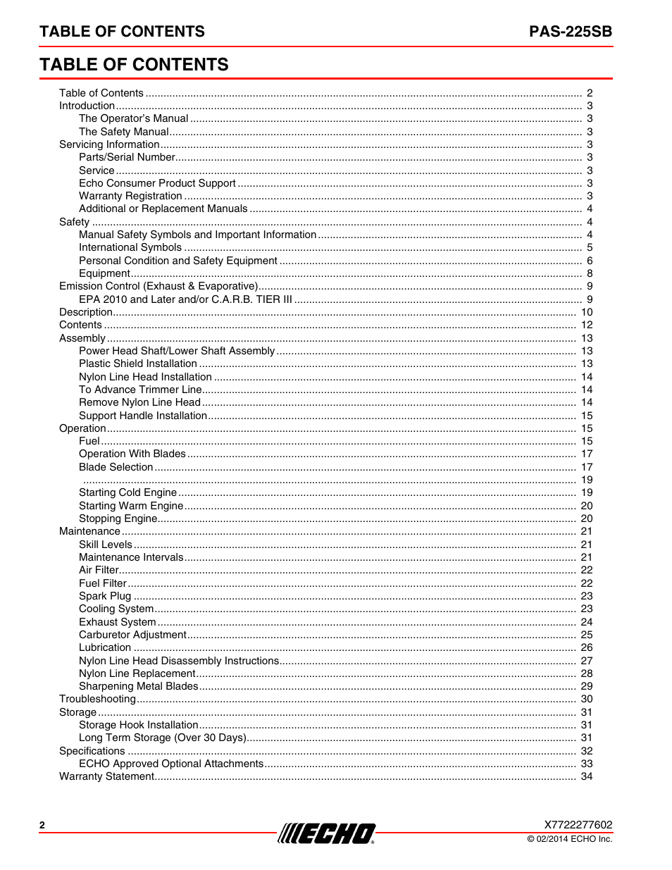 Echo PAS-225SB User Manual | Page 2 / 36