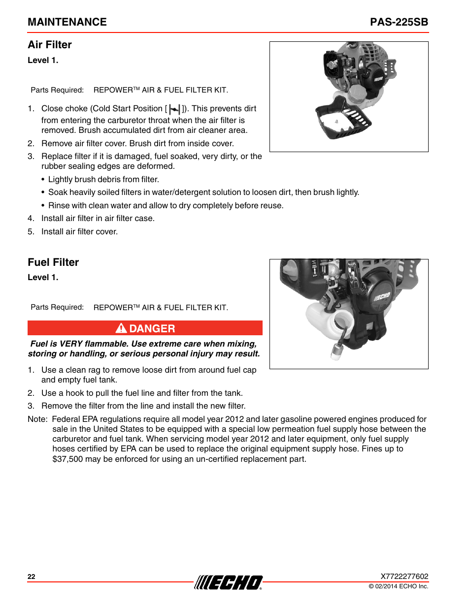 Air filter, Fuel filter, Air filter fuel filter | Maintenance pas-225sb air filter | Echo PAS-225SB User Manual | Page 22 / 36