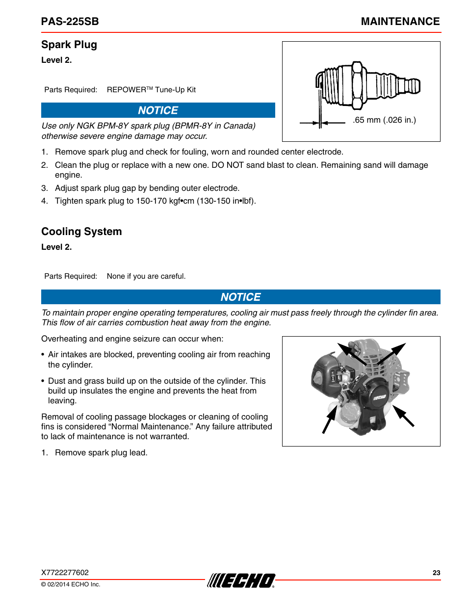 Spark plug, Cooling system, Spark plug cooling system | Pas-225sb maintenance | Echo PAS-225SB User Manual | Page 23 / 36