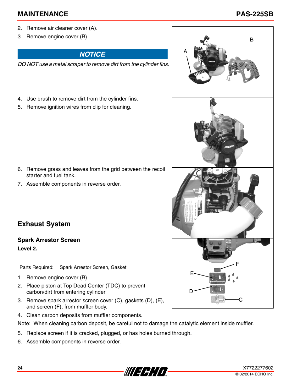 Exhaust system, Spark arrestor screen, Maintenance pas-225sb | Echo PAS-225SB User Manual | Page 24 / 36