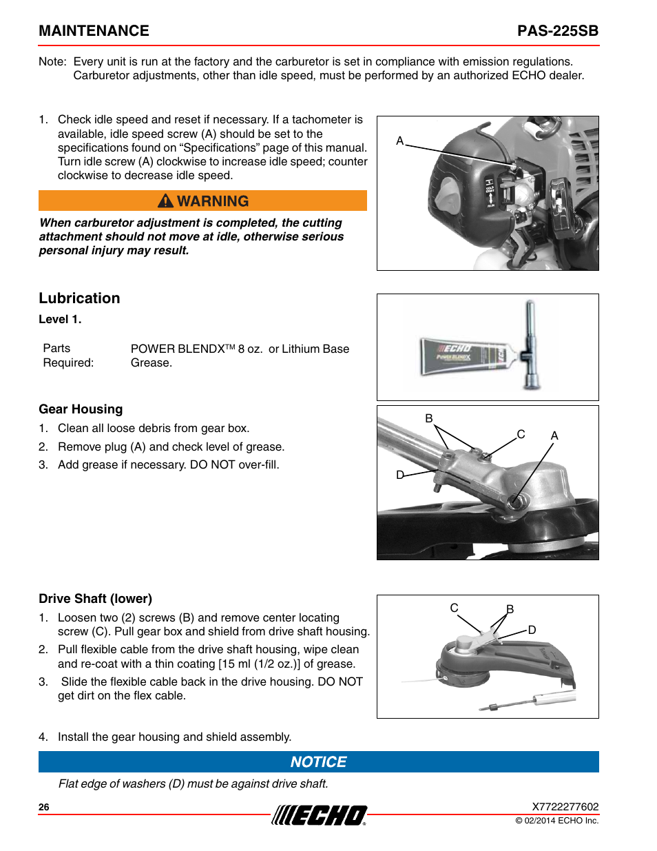 Lubrication, Gear housing, Drive shaft (lower) | Maintenance pas-225sb | Echo PAS-225SB User Manual | Page 26 / 36