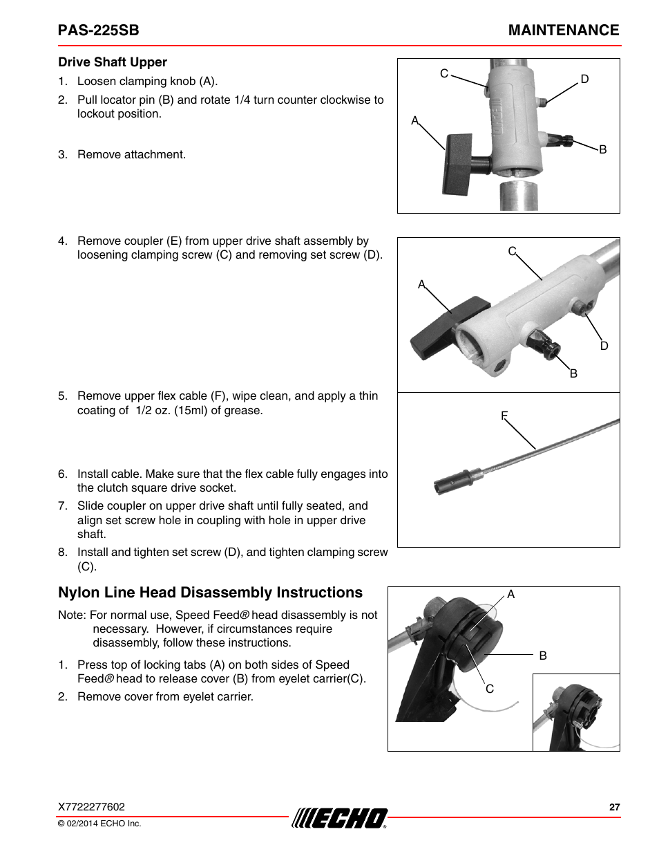 Drive shaft upper, Nylon line head disassembly instructions, Pas-225sb maintenance | Echo PAS-225SB User Manual | Page 27 / 36