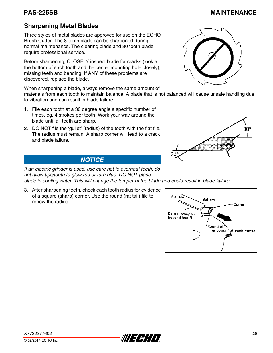 Sharpening metal blades, Pas-225sb maintenance | Echo PAS-225SB User Manual | Page 29 / 36