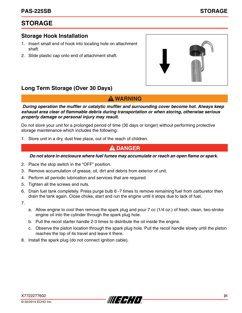 Storage, Storage hook installation, Long term storage (over 30 days) | Pas-225sb storage | Echo PAS-225SB User Manual | Page 31 / 36