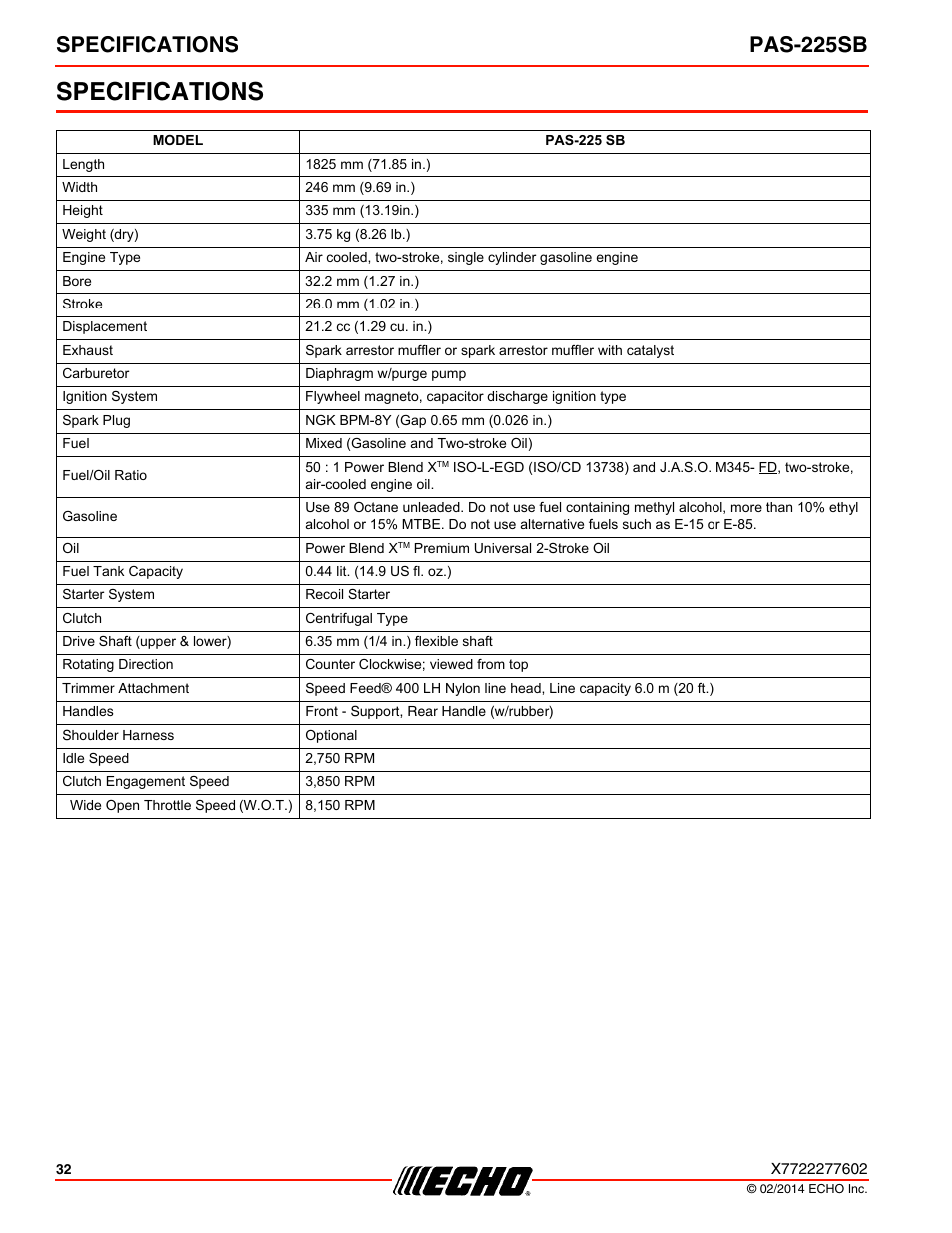 Specifications, Specifications pas-225sb | Echo PAS-225SB User Manual | Page 32 / 36