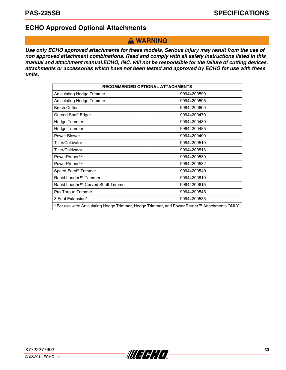 Echo approved optional attachments, Pas-225sb specifications | Echo PAS-225SB User Manual | Page 33 / 36